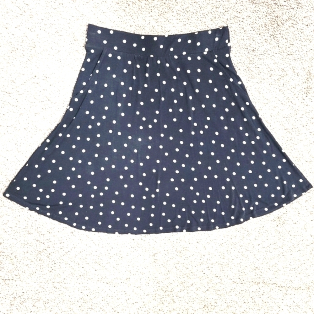 Polka Dot Mini Skirt Flare Elastic Waist Minimalist Pockets Navy White Medium